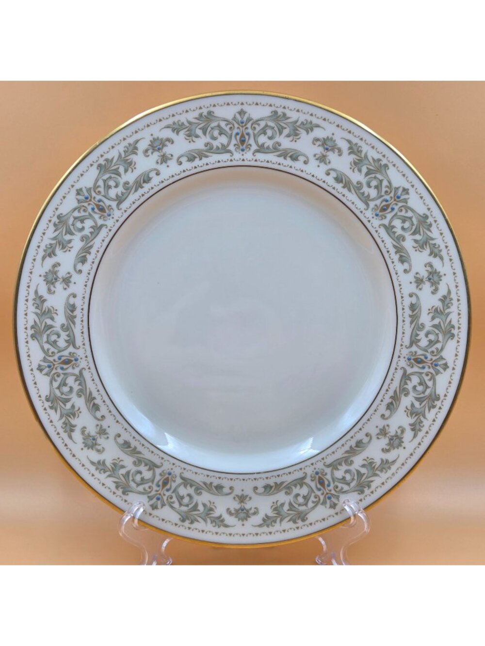 Lenox Noblesse Dinner Plate Green/Gold Leaves, Blue Dots, Gold Trim